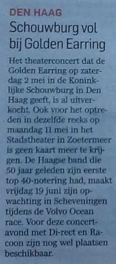 Golden Earring show sold out Den Haag - Koninklijke Schouwburg AD newspaper March 02 2015